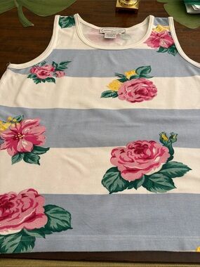 Adrienne Vittadini Blue & White Striped Floral Tank.  100% cotton. Size L